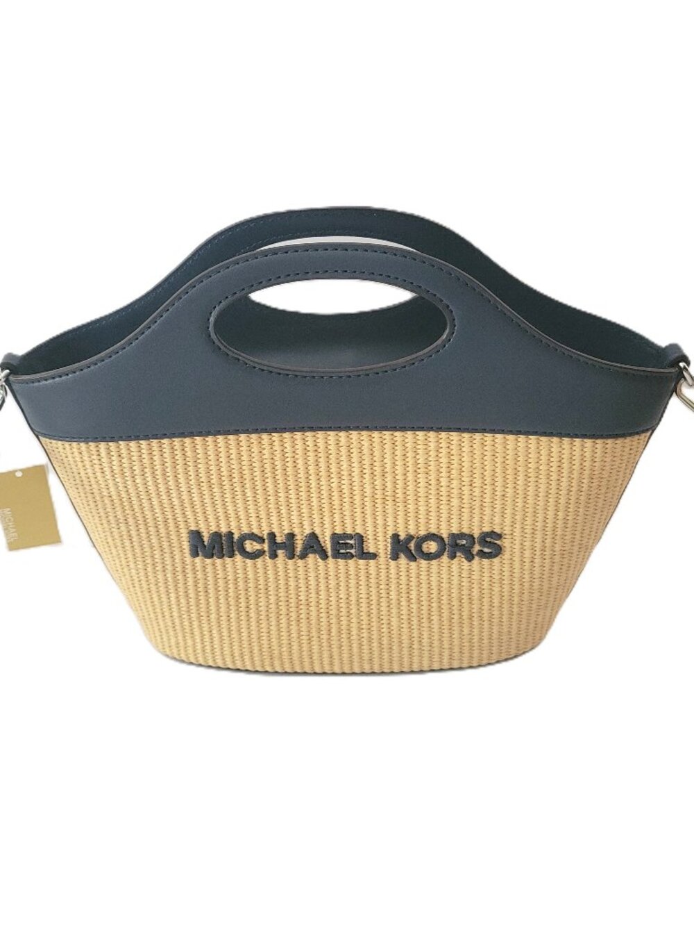 Michael Kors Tatum Medium Tote Crossbody Navy Woven Straw Faux Leather Handbag